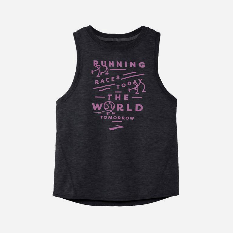 Brooks Distance Graphic Israel - Women's Running Tank Top - Black/Star Jamberry/Run USA (38602-XKNU)